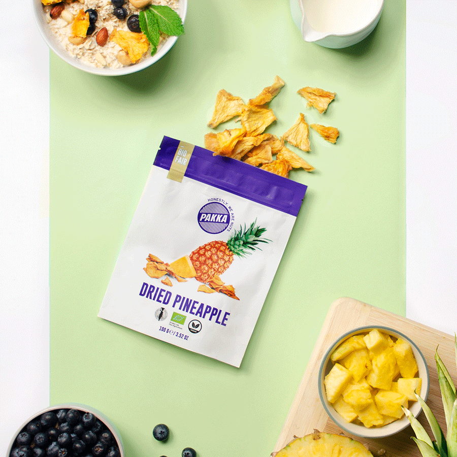 PAKKA BIO & FAIR Trockenfrüchte: Ananas, Mango, Physalis und Fruchtmix - 100g