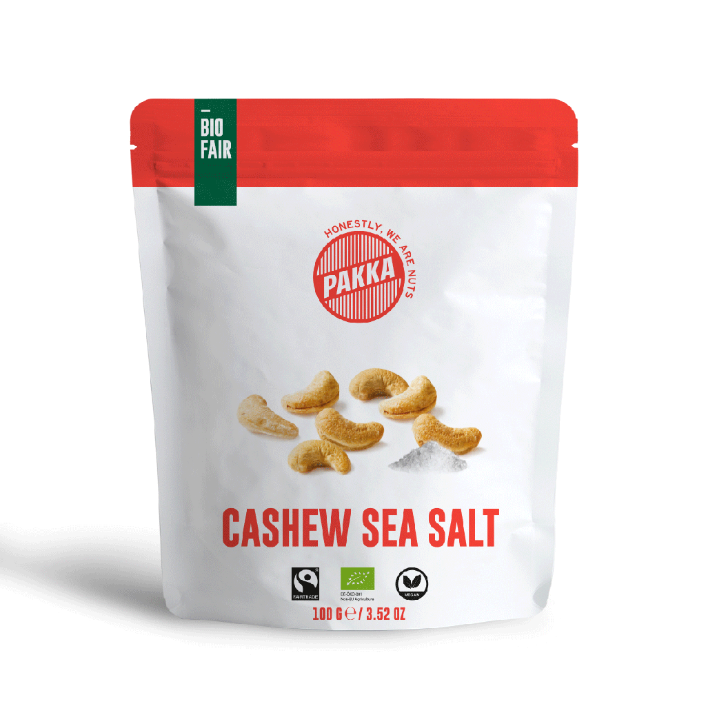 PAKKA BIO Gewürzte Cashews mit Curry Madras, Salz und Malabar Pfeffer - 100g