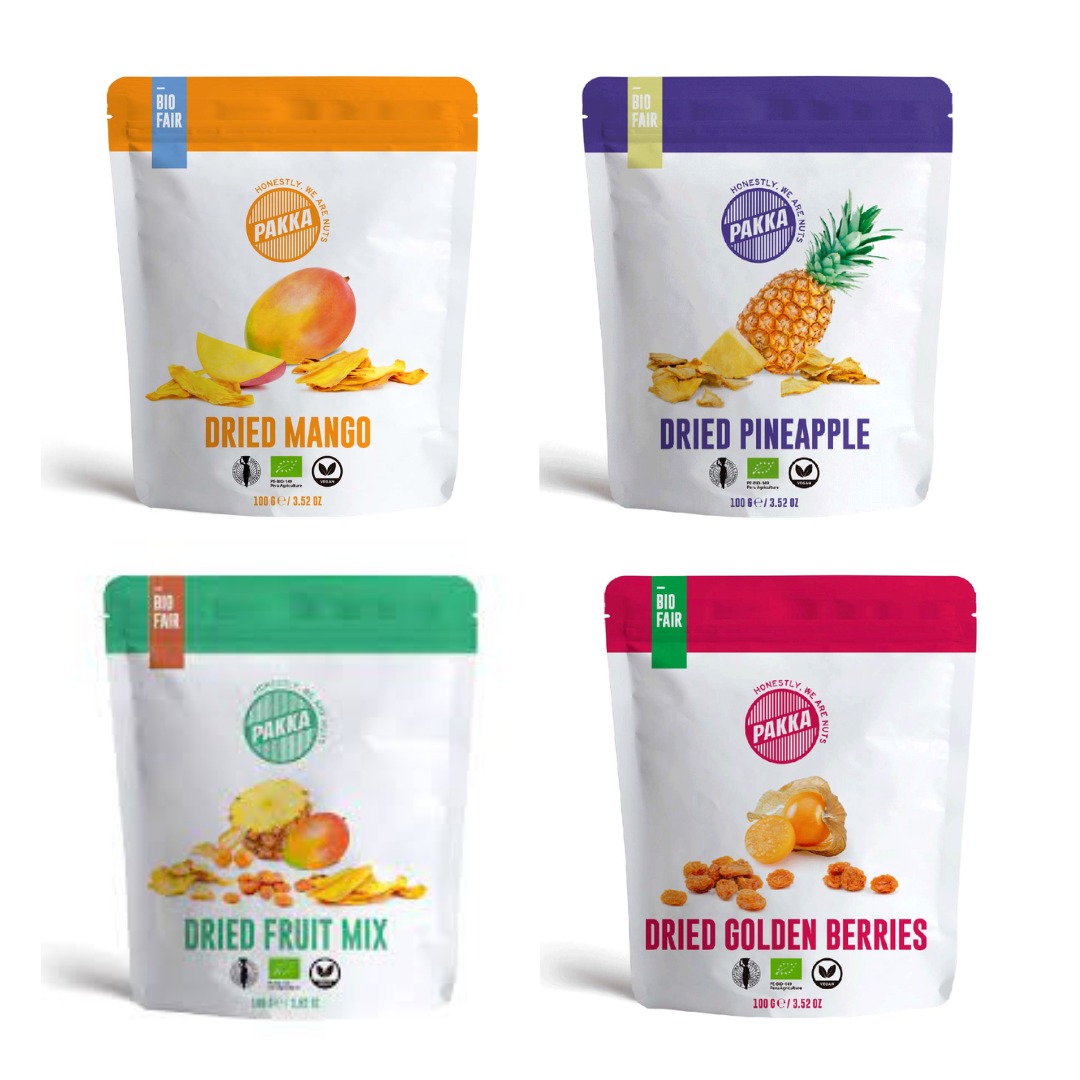 PAKKA BIO & FAIR Trockenfrüchte: Ananas, Mango, Physalis und Fruchtmix - 100g