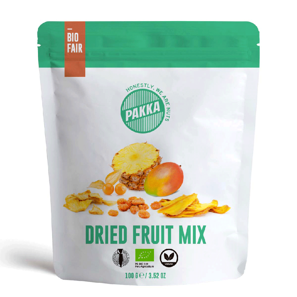 PAKKA BIO & FAIR Trockenfrüchte: Ananas, Mango, Physalis und Fruchtmix - 100g