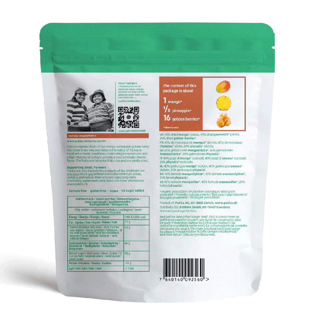 PAKKA BIO & FAIR Trockenfrüchte: Ananas, Mango, Physalis und Fruchtmix - 100g