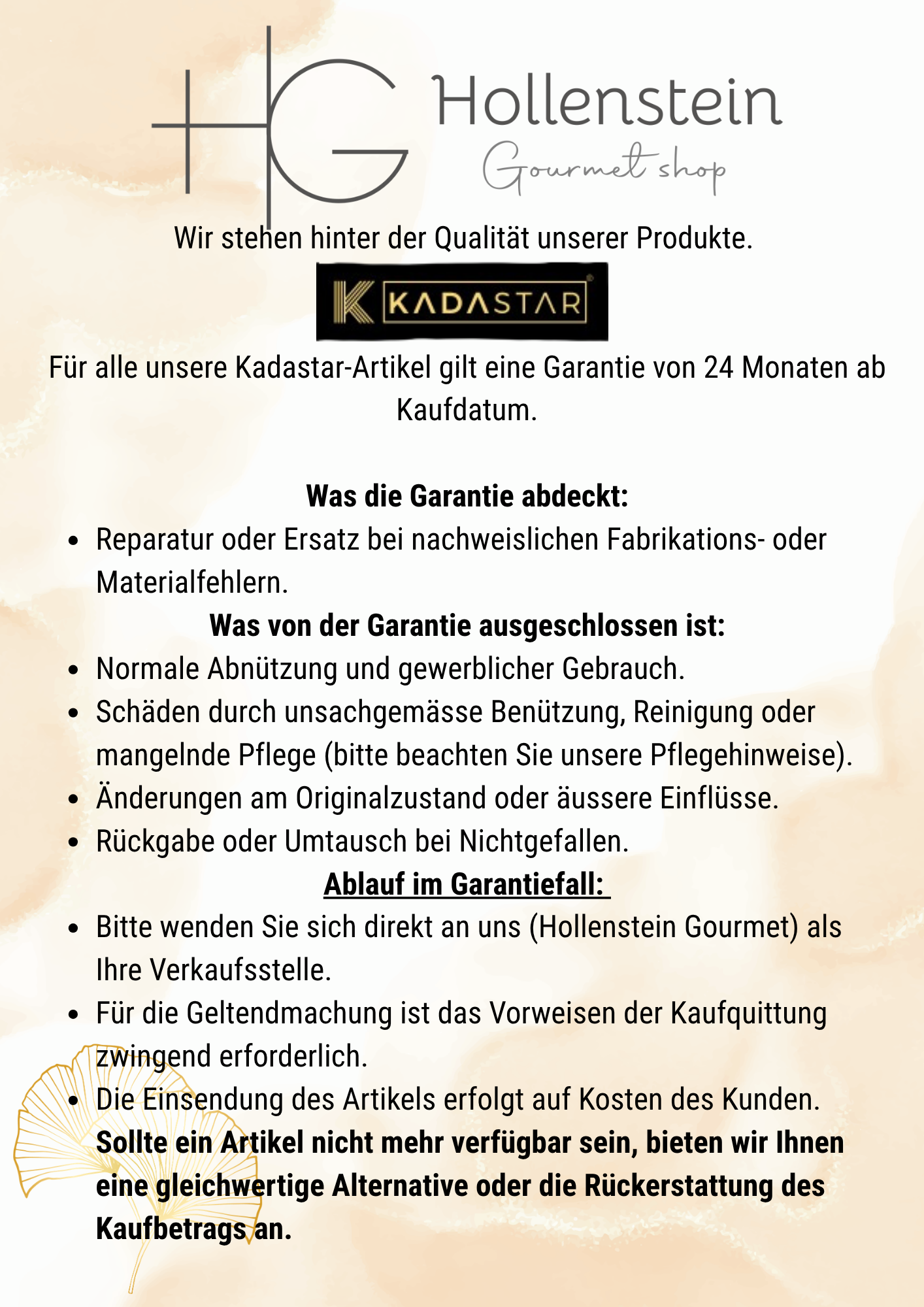 Hollenstein Gourmet Qualitätsgarantie: 24 Monate Garantie auf Kadastar Produkte bei Material- und Fabrikationsfehlern