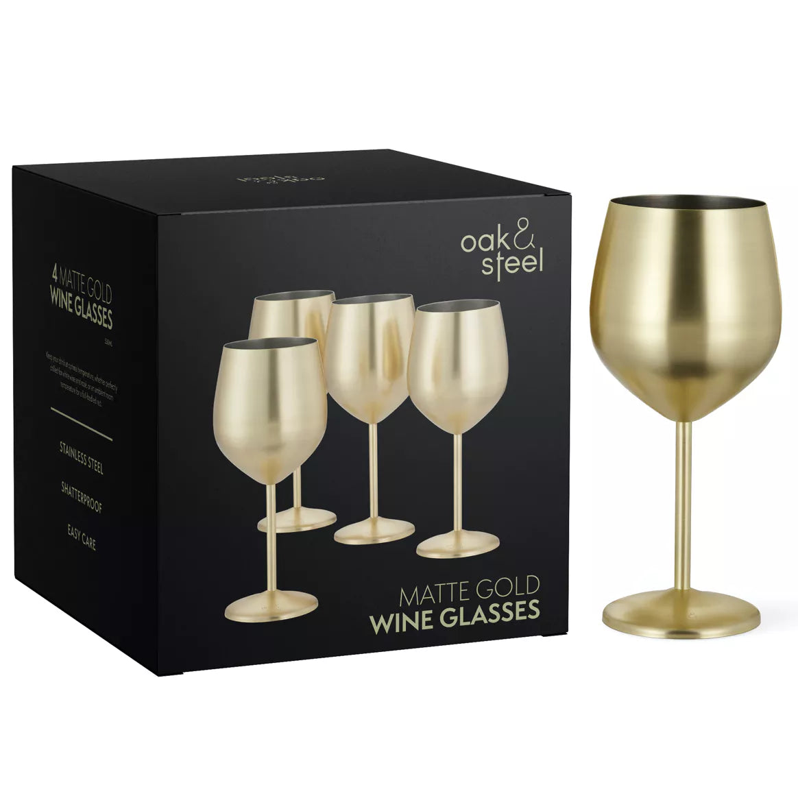 Geschenkkarton mit 4 Weingläsern, 540 ml - bruchsicheres Gläserset aus mattiertem Edelstahl Schwarz oder Gold
