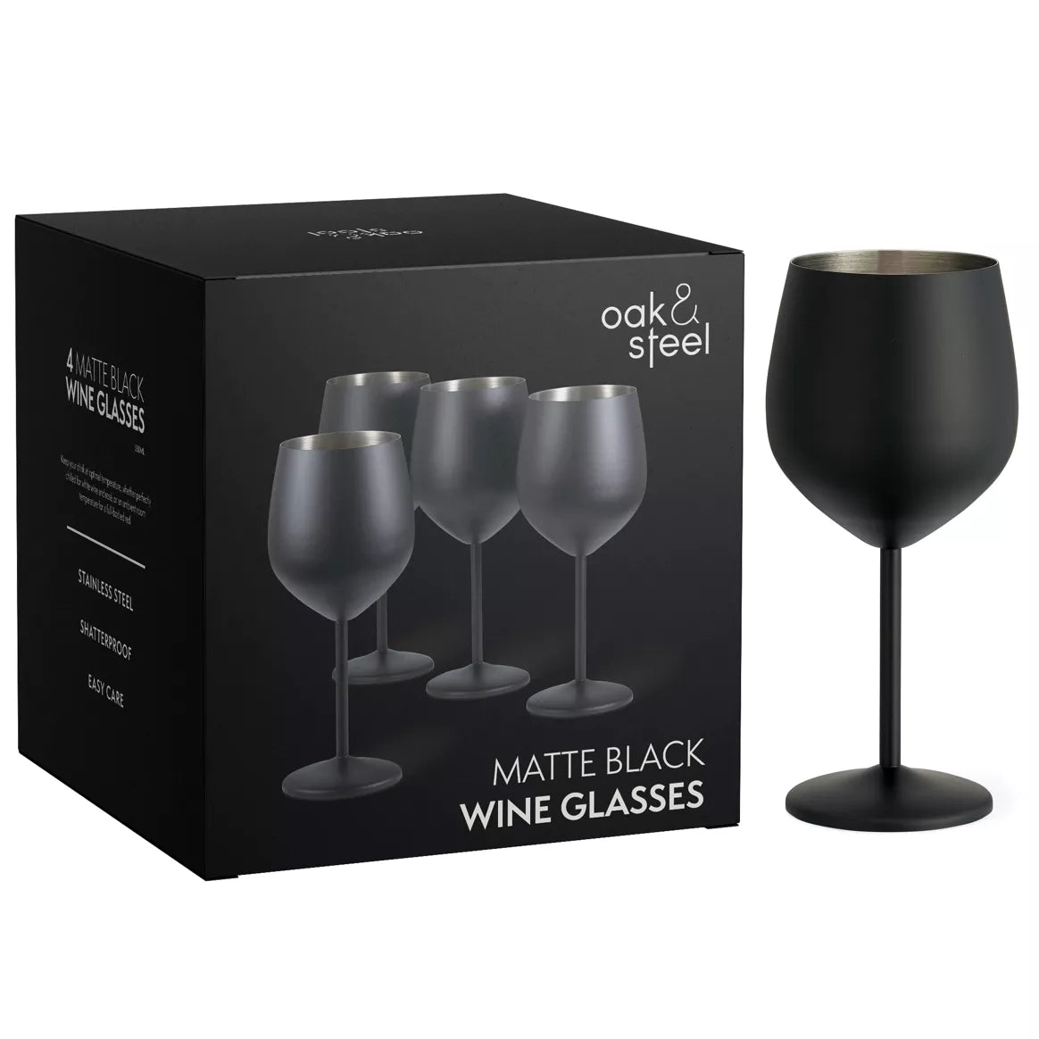 Geschenkkarton mit 4 Weingläsern, 540 ml - bruchsicheres Gläserset aus mattiertem Edelstahl Schwarz oder Gold