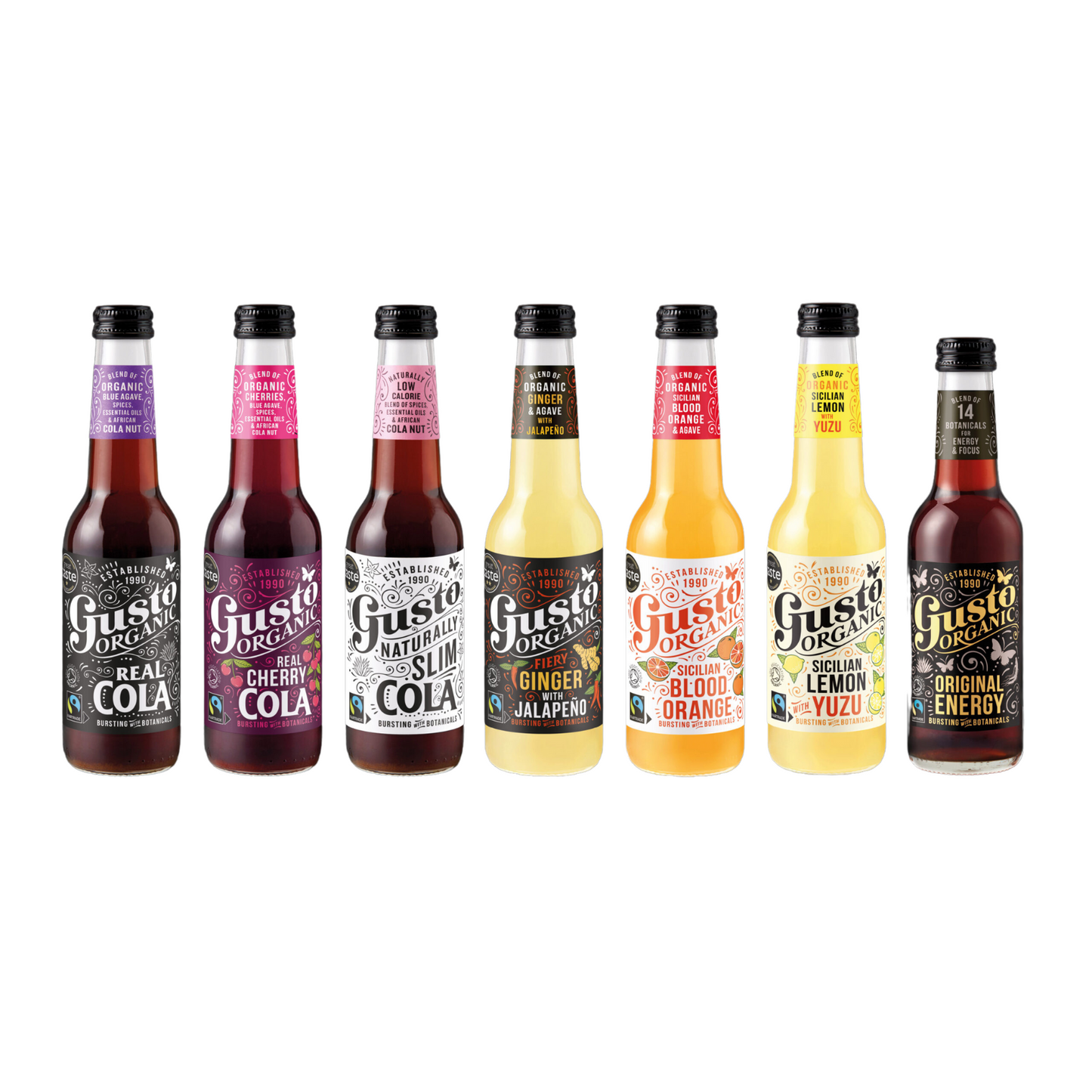 GUSTO ORGANIC Erfrischungsgetränk: Limonaden sizilianische Blutorange, sizilianische Zitrone mit Yuzu, Cola, Real Cherry Cola, Slim Cola,Ingwer Jalapeños & Original Energy - 275ml