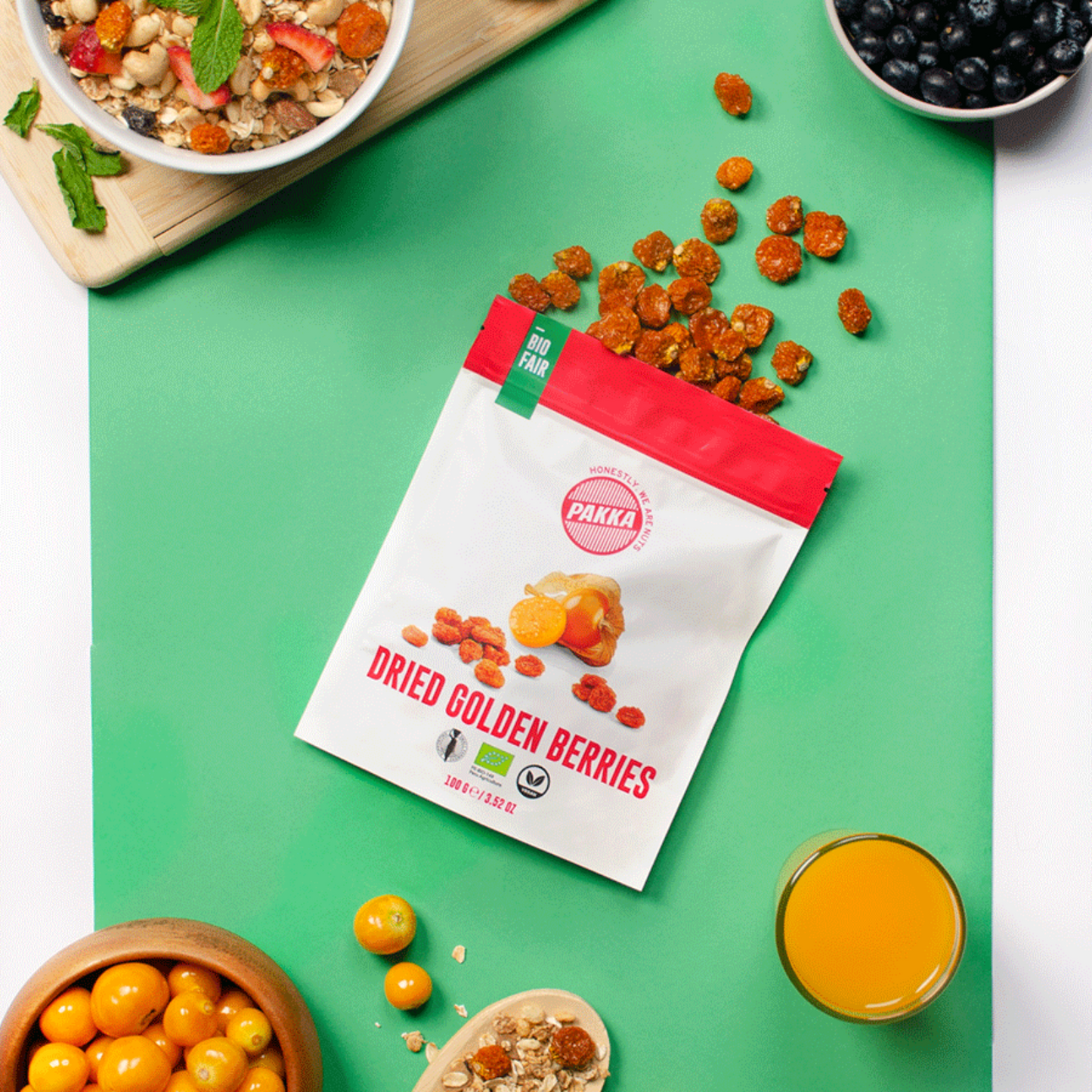 PAKKA BIO & FAIR Trockenfrüchte: Ananas, Mango, Physalis und Fruchtmix - 100g