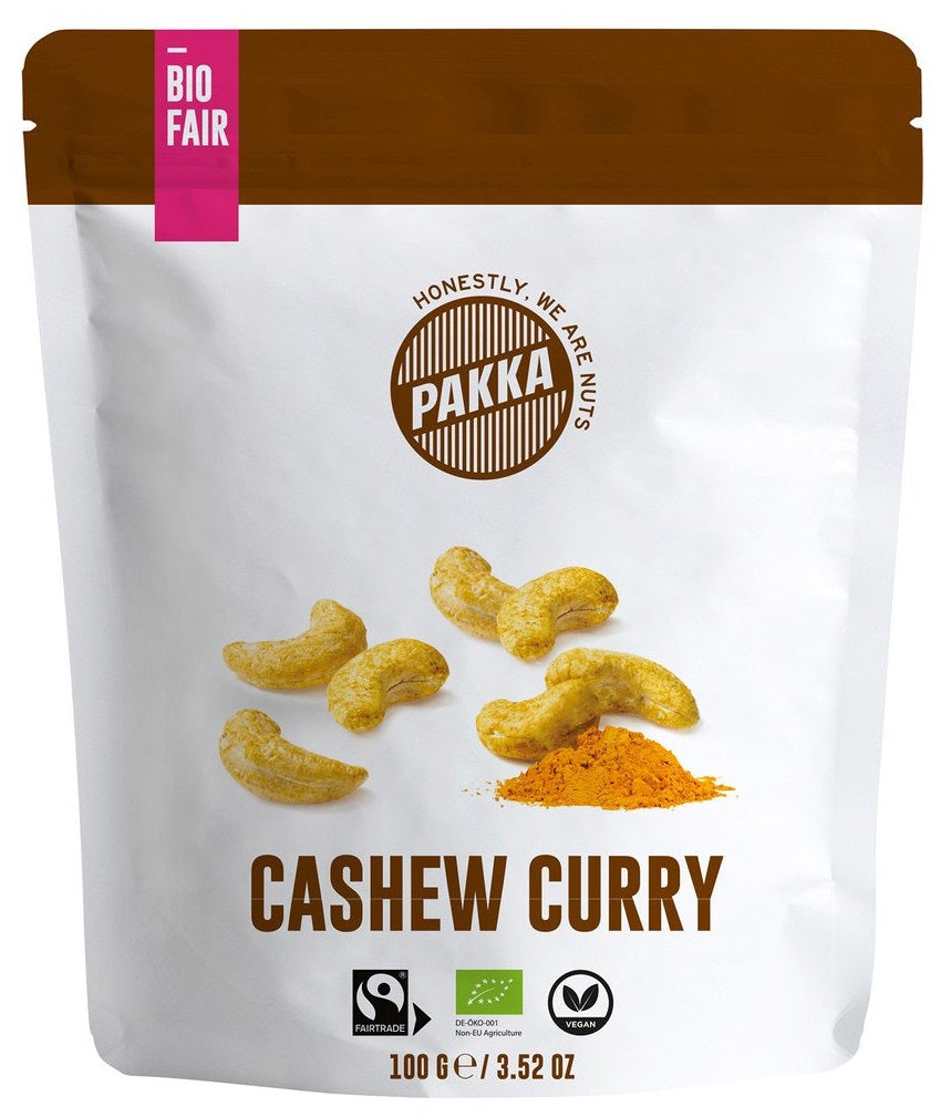 PAKKA BIO Gewürzte Cashews mit Curry Madras, Salz und Malabar Pfeffer - 100g