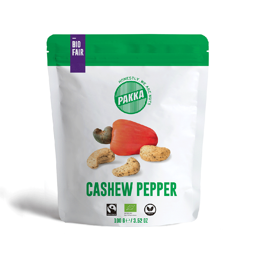 PAKKA BIO Gewürzte Cashews mit Curry Madras, Salz und Malabar Pfeffer - 100g