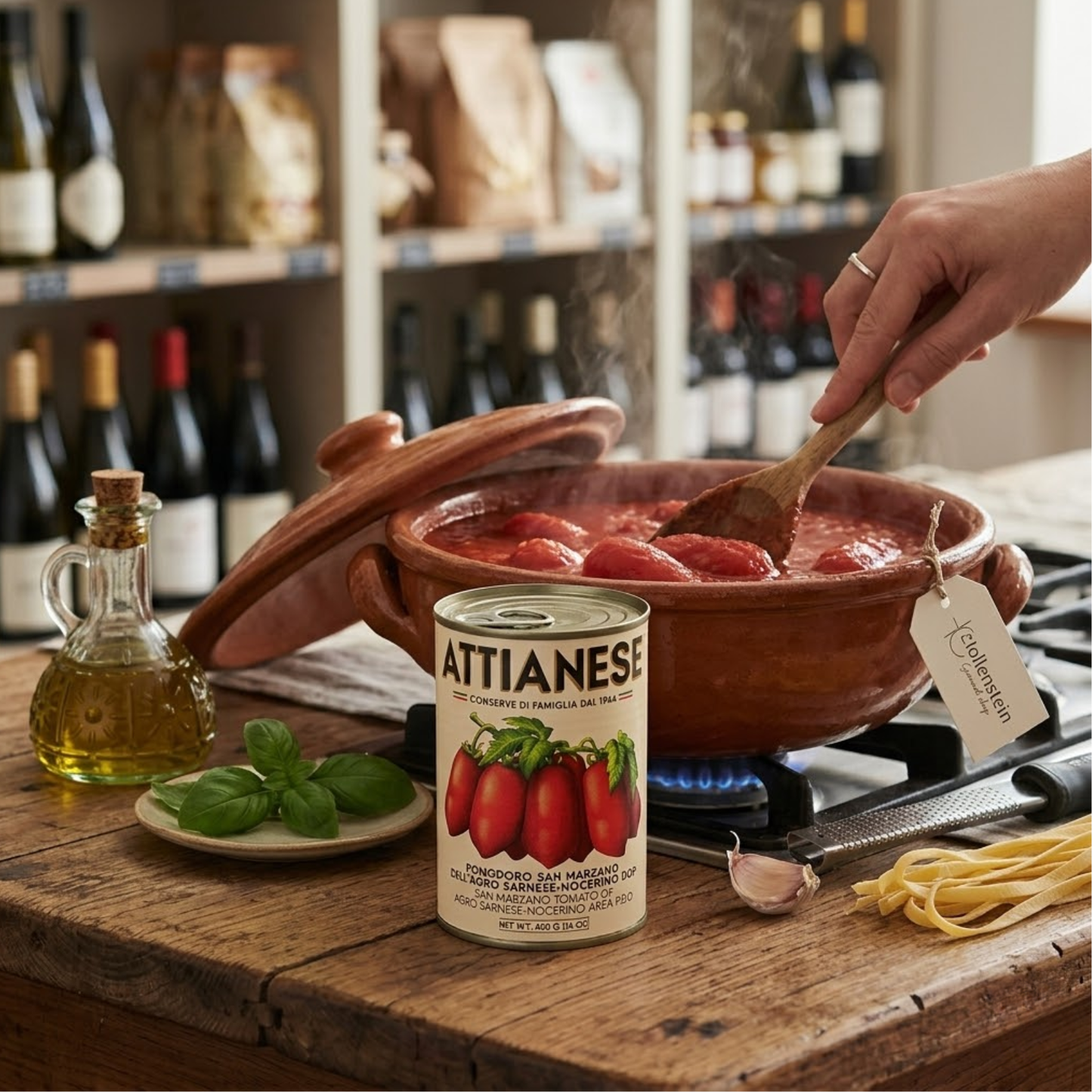 Original Attianese San Marzano Tomaten D.O.P. in einer rustikalen Küche zubereitet – Hollenstein Gourmet Shop