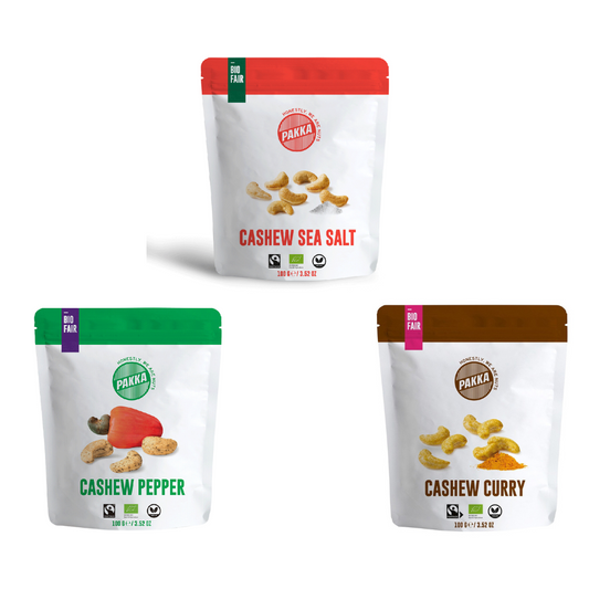 PAKKA BIO Gewürzte Cashews mit Curry Madras, Salz und Malabar Pfeffer - 100g