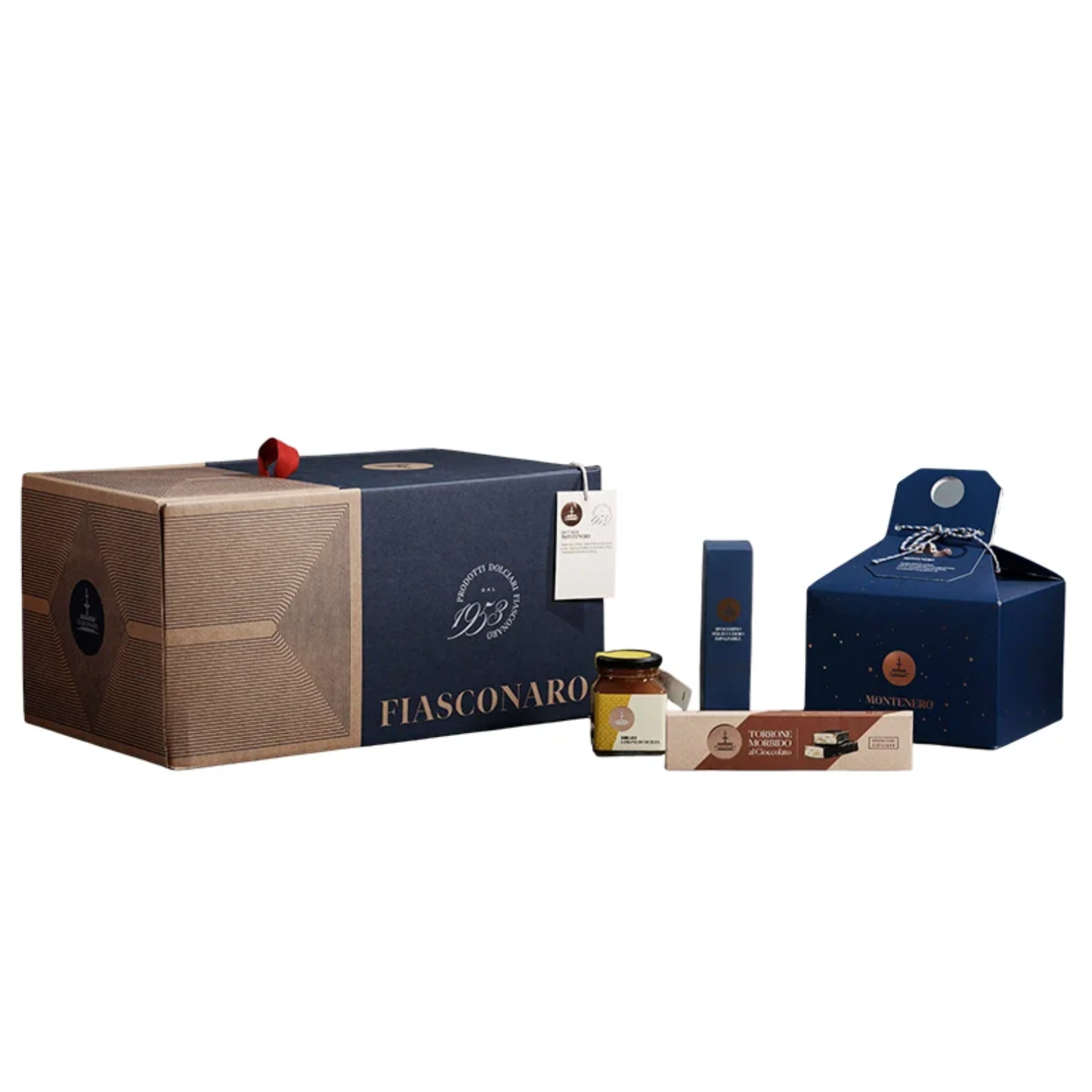 FIASCONARO Luxus-Geschenkset "Gift Box Montenero" (Präsenter mit Panettone, Schokoladentorrone & Zitronenmarmelade)