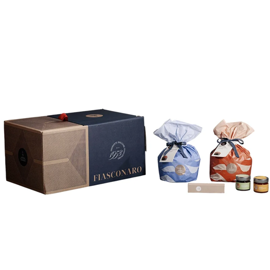 FIASCONARO Luxus-Geschenkset "Strenna Degustazione" (Doppel-Panettone Präsentkorb mit Zitrusfrüchten, Schokolade & Fruchtaufstrichen)