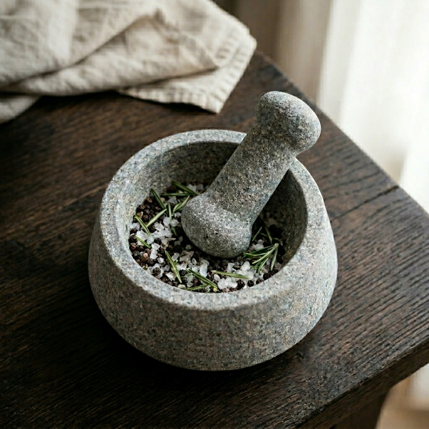 Massiver Granit-Mörser Tradition (Ø 13 cm) mit frischem Rosmarin und Pfefferkörnern für authentisches Aroma in der Gourmet-Küche. Handarbeit für Zuhause