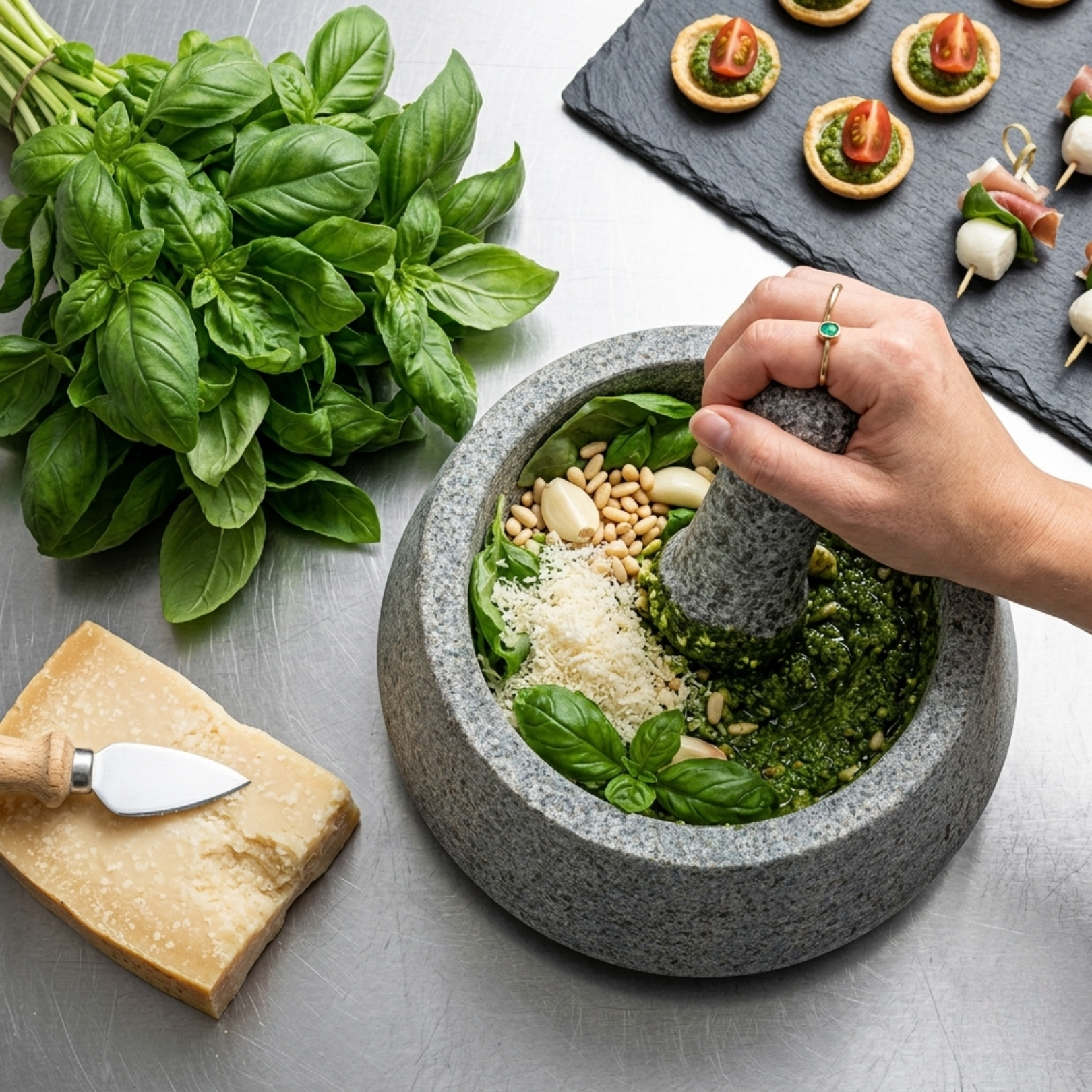 Profi Granit-Mörser (Ø 18 cm) bei der Zubereitung von frischem Basilikum-Pesto mit Pinienkernen und Parmesan. Hohe Standfestigkeit für Gastronomie, Catering und exklusive Firmen-Geschenke