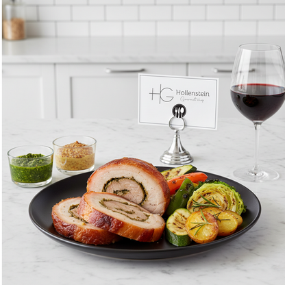 Saftige Porchetta aufgeschnitten mit frischen Kräutern und knuspriger Kruste