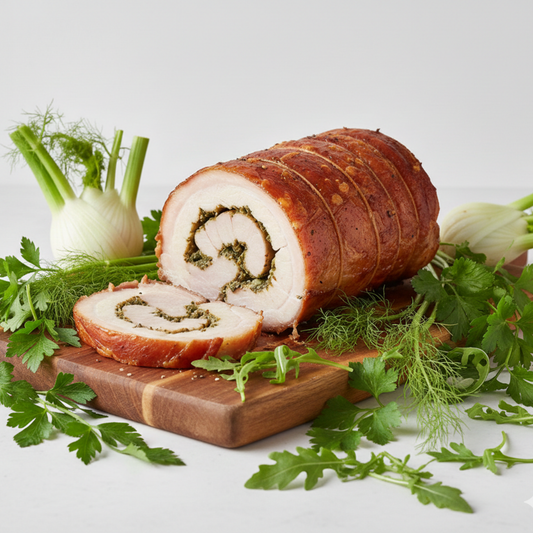 Ganze ofenfrische Porchetta aus regionalem Schweizer Fleisch für Catering in Aargau.
